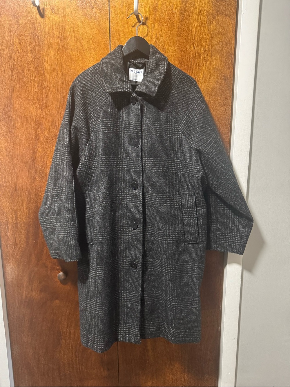 Old Navy Charcoal Plaid Single-Breasted Pea Coat